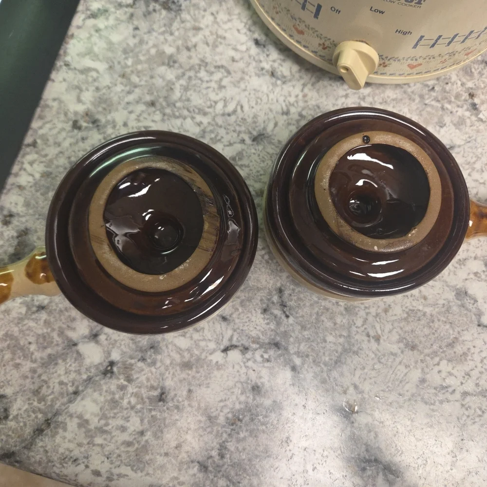 Two Stoneware Ceramic Soup Bowls With Handles And Lids - Vintage